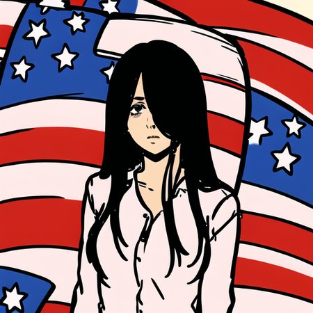 ((masterpiece)),(best quality), absurdres,sadako_yamamura,<lora:Sadakobest:0.8>,   <lora:westernIllustration_offset:1>, american flag background,1girl,solo,