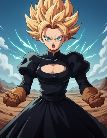 score_9, score_8_up, score_7_up, source_anime, <lora:super-saiyan-ponyxl-lora-nochekaiser:1>, super saiyan, spiky hair, aura, open mouth, closed hands, shouting, breast, 
<lora:2b-s1-ponyxl-lora-nochekaiser:1>, gloves, long sleeves, dress, puffy sleeves, black dress, clothing cutout, cleavage cutout, juliet sleeves, feather-trimmed sleeves,
wasteland, sky, blue sky, clouds,, cowboy shot, dutch angle, looking at viewer,