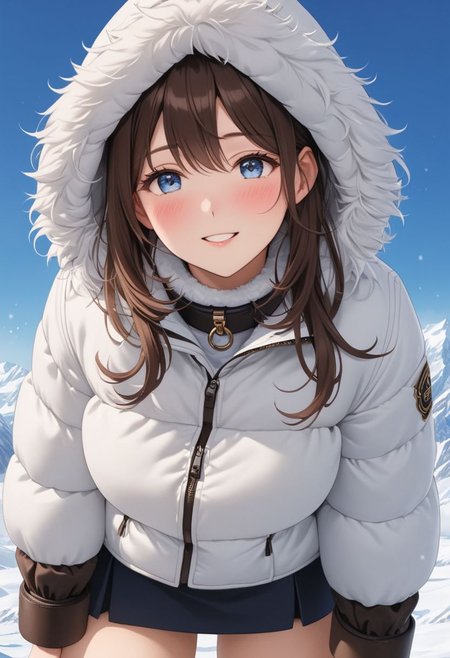 ((((white Oversized shearling down jacket)))), ((((white Oversized shearling puffer jacket)))), ((((white Oversized shearling winter clothes)))), ((((very very cold, in cold)))), ((((semi-realistic)))), ((((feet out of frame)))), ((((puffer hood)))), ((medium knee office skirt, pantyhose, boots)))), ((sharp eyelid, eyeliner, eyelashes, beautiful detailed eyes, tsurime, long messy brown hair, blue eyes, perfect anatomy)), smile, standing, icefield, dynamic pose, ((((masterpiece)))), ((((best quality)))), ((intricate details)), RAW, 8K UHD, (1girl), office lady, detailed face, beautiful face, charming, bonny, (((blush))), (((heavy breathing))), (((feels orgasm))), wind, (Thick padded collar:1.4), (TSH:1.4), (Thick padded cuffs:1.4)