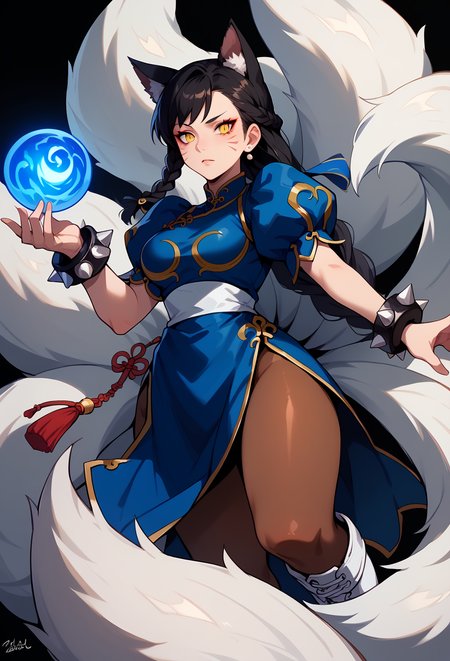 score_9, score_8_up, score_7_up, <lora:CHUN:1> , bun cover, qipao, spiked bracelet, pantyhose, White Boots, blue dress, china dress, gold trim, jewelry, pelvic curtain, puffy sleeves, white sash, short sleeves,  <lora:Ahri_pdxl_Incrs_v1:0.9> , ahridefault, slit pupils, animal ears, facial mark, fox tail, multiple tails, long hair, single braid, black hair, yellow eyes, large breasts, blue magical orb, cosplay, side slit,