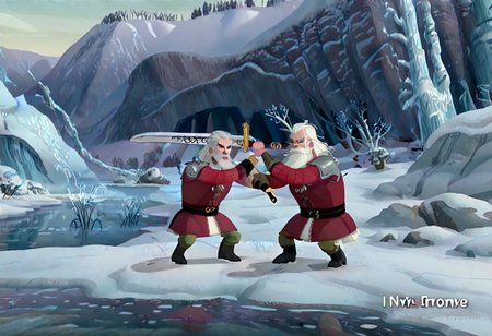 geralt as a (r0b0t_s4nta_c1aus), holding a sword, 
high guard sword parry stance, incoming vertical sword attack
at a frozen lake,
game screenshot,
looking at the camera,
sfw