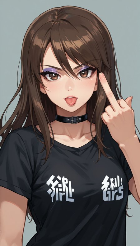 score_9, score_8_up, score_7_up, source_anime, ,
 <lora:GUPMika:0.8> AAMIka , 1girl, mika (girls und panzer), long hair, brown hair, brown eyes, black shirt, t-shirt, black choker, goth, eyeliner, eyeshadow double middle finger, tongue out,