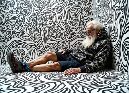 Photorealistic portrait of an eccentric elderly man with a long white beard, lying on a floor and wall completely covered in a black and white geometric pattern. The pattern consists of intricate, hand-drawn lines forming a maze-like design of zigzags, curves, and angular shapes. The man wears glasses, a patterned hoodie that blends with the background, shorts, and sneakers. His legs are bent at the knees, partially obscured by the pattern. High-contrast lighting emphasizes the texture of the beard and the crisp lines of the pattern. Shot from a slightly elevated angle, creating a disorienting, camouflage effect. Sharp focus throughout, captured with a wide-angle lens to show the expanse of the pattern. Studio lighting setup for even illumination. Digital photography, high resolution, emulating the style of contemporary art photography or editorial fashion shoots.