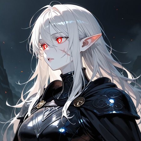 masterpiece, best quality, newest, absurdres, highres, GOTPV1.0, oil painting (medium), 
1girl, pale, white skin, colored skin, pale skin, soft lips, glossy lips, elf, pointy ears, detailed eyes, glowing eyes, muscular woman, armor, cape, leather armor, scar, scars on face, white hair, long hair, messy hair, black armor, black leather,