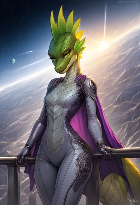 score_9, score_8_up, score_7_up, source_cartoon, SFW, ((anthropomorphic dragon)), female, source_furry, ((Oneprostethicarmright, prosthetic right forearm)):1.4, (1woman, anthro dragon), (((bright green scales, two toned green body scales, glossy scales))), purple irises, extremely detailed, large nostrils, full seductive lower lip,  extremely detailed, ((very large head fins)):1.3, (((one tall blue head spike, yellow back spikes))), detailed body scales, strong athletic body, small athletic breasts, toned arms, toned legs, long tail, feminine body, extreme detailed, thin waist, wide hips, (((silver plugsuit))), sci-fi, Parted lips, seductive expression, outside, resting against railing, sunny day, ((masterpiece)) (dynamic lighting:1.1) ((masterpiece)) godrays , (dynamic battle), (action pose) (explosions in the background), holding a Katana, very heroic, wearing purple cape on her back, space station, battlefield, white and silver plugsuit, detailed sci-fi background, extreme detailed, ( (dynamic lighting:1.1) ((masterpiece)) (dynamic lighting:1.1) ((masterpiece)) godrays, (highly detailed:1.2), (intricate:1.2), (best quality:1.2),(8k:1.2), (sharp:1.2), (majestic:1.2), natural lighting, detail++,