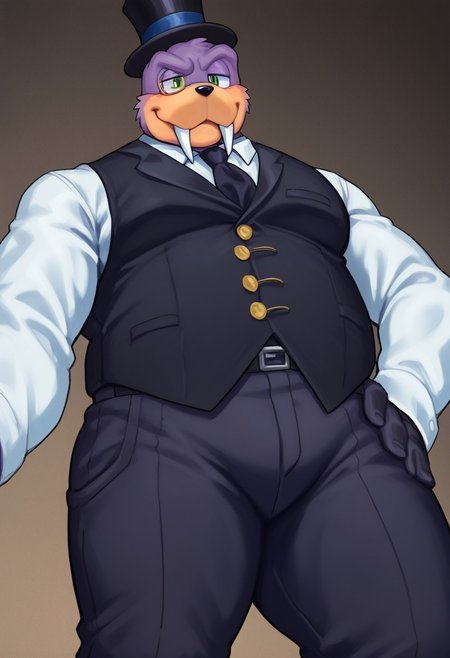score_9, score_8_up, score_7_up, furry male, Rotor the walrus as mr walrus, <lora:MrWalrus_PXL_Leaf1:1>, green eyes, fangs, furry,  furry anthro, hotel entrance, dutch angle, posing,, posing, 1930's fancy clothes, refined looking, (((dutch angle, posing, from below))), walrus, fat, overweight, walrus tusks, squinting eyes, smile, solo, 1boy, male focus, <lora:pony_monocles-step00000800:1>,(monocle),round eyewear, top hat,, suit, gloves, furry male, mustache, necktie, a robber-baron wearing a monocle on a chain on his left eye, top hat, white shirt, black vest from 1900 holding a pocketwatch, standing
BREAK
 ambient light, (masterpiece:1.2), (highly detailed:1.2), (intricate:1.2), (best quality:1.2),(8k:1.2), (sharp:1.2), (majestic:1.2), natural lighting, detail++