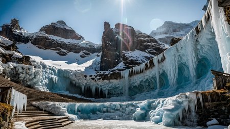 masterpiece,best quality,amazing quality,high resolution,ultra-detailed,absurdres,HDR,8K,high contrast,realistic,muted lithing,sharp focus,fine details,
A professional wide shot photography of the view On a hidden ice-carved amphitheater with frozen waterfall spires jutting out. At summer midday, bright sun crowns the amphitheater, crisp shadows carve every frozen pillar, and a thin breeze carries melting droplets. ,