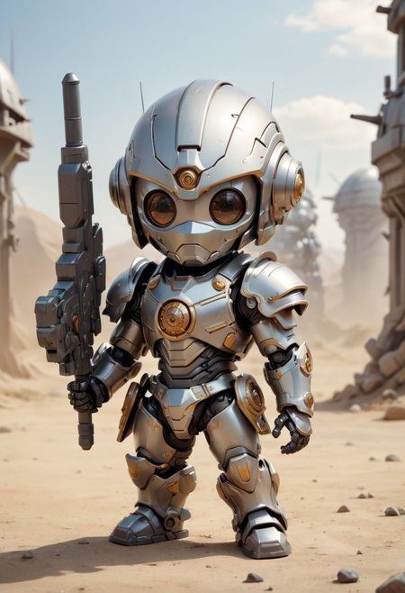 Cute little happy miniature chibi futuristic mecha with big comically weapon , wearing armor and plated armor, holding weapon