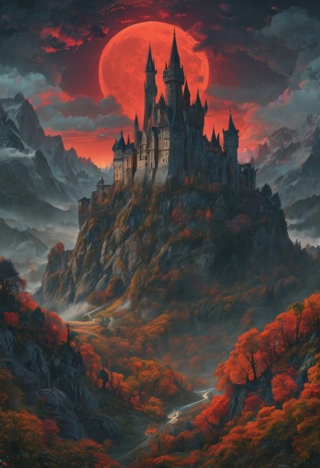 A captivating night scene illustration featuring a forboding and haunted castle on a great  great mountain. The castle and mountain are much like Neuschwanstein Castle in Bavaria.  This enchanting artwork captures a dark and ominous night, wherered bloodmoon hangs above  over the  tree covered mountain range and castle which   stands resolute amidst the great mountains, creating a cinematic experience., illustration, cinematic
<lora:DonM3t3rn1tyXL-v1.1:0.7>, DonM3t3rn1tyXL,
OverallDetailXL  <lora:MJ52:0.3>  <lora:SDXLFaeTastic2400:0.4>  <lora:EpicF4nta5yXL:0.7>