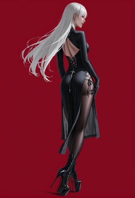 1girl,solo,red background,,ruanyi0849,black bodysuit,black dress,black gloves,cross-laced clothes,pelvic curtain,side slit,see-through,bodystocking,cross-laced footwear,platform heels,
long hair,white hair,from behind,ass,<lora:0849 black cheongsam_v1_pony:0.9>, score_9,score_8_up,score_7_up,,8k,1girl,solo,,