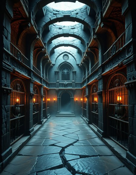 Deep within the necromancerâs fortress lies the Cell Block of the Damned, an endless crypt of imprisonment where no living beings resideâonly echoes of suffering and the restless remains of those long forgotten. The architecture is grotesque and unnatural, a fusion of blackened stone, rusted iron, and calcified bone, as if the walls themselves were formed from the fused remains of the dead. The air is cold, stale, and thick with an unnatural mist that coils like spectral fingers along the cracked floor.
Endless rows of iron-barred cells line the cavernous chamber, their interiors cloaked in unnatural darkness. Some cells contain skeletal figures, shackled in rusted chains, their hollow eye sockets glowing faintly with eerie green or crimson light. Others house shadowy wraiths, their indistinct forms flickering like dying embers, bound by ancient runes etched into the very fabric of the stone. A few cells appear completely empty, yet whispers emanate from withinâechoes of prisoners that no longer exist, but whose agony remains imprinted upon reality itself.
The walls pulse faintly, veins of necrotic energy coursing through their surface, feeding upon the despair and suffering trapped within. Chains dangle from the ceiling, some still swinging slightly as if disturbed by unseen forces. Along the floor, pools of black ichor seep from cracks in the stone, shifting unnaturally as if alive, swallowing anything that lingers too long.
At the heart of the chamber stands a monolithic iron cage, its bars twisted and gnarled, as though shaped by something with no regard for natural law. Inside, a shifting mass of bone, spectral energy, and dark mist writhes in eternal torment, its presence a gravitational wound in reality itself. The cage hums with an ominous resonance, its locks sealed with infernal sigils that glow with unholy fire, ensuring that whatever lurks within remains containedâfor now.
Above, an ancient stone archway looms, inscribed with ever-changing runes that bleed a slow, black liquid. Beyond it, the corridor stretches endlessly, shrouded in a choking fog where shapes move in the distance, watching, waiting. No footsteps ever echo in this place. No voices call out. Only the whispers of the forgotten, the endless creaking of rusted metal, and the sensation that somethingâsomething old, something hungryâis always watching.
This is not a prison.
It is a tomb for souls, a place where the dead are left to fester, to wither, and to become something else.
Style & Mood :
- Dark fantasy, gothic horror, necromantic aesthetics
- Cinematic, highly detailed, eerie lighting
- Infernal atmosphere, filled with shadows, glowing runes, and spectral entities
- Inspired by the works of ZdzisÅaw BeksiÅski, H.R. Giger, and dark medieval occultism
 <lora:SDXLFaeTastic2400:0.4> <lora:extremely_detailed:0.4> extremely detailed,<lora:necromancer_c3ll_bl0ck:1>,necromancer c3ll bl0ck, Masterpiece,best quality,hi res,8k,hi res,8k,award winning,(sharp focus, intricate, highly detailed),