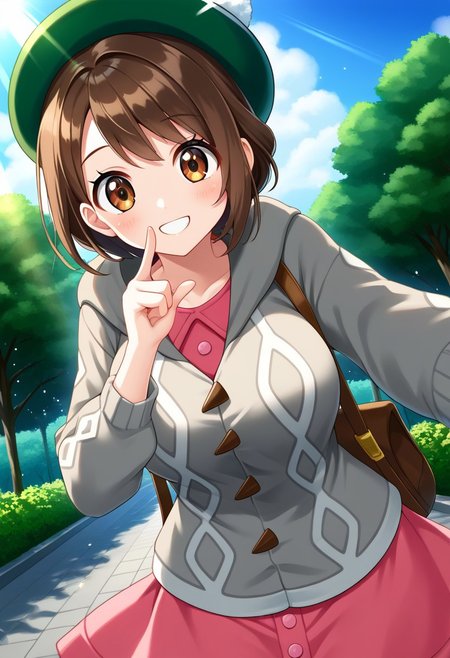 score_9, score_8, score_7_up, source_anime, (nsfw:1.0), BREAK, 
cute 1girl, shiny_skin, (large breasts), skinny body, brown_hair, brown_eyes, tareme, green_headwear, hooded_cardigan, pink_dress, 
angle:random, 
smile, 
any pose, pointing own mouth,  
outdoors, light particles, light rays, park, blue sky,