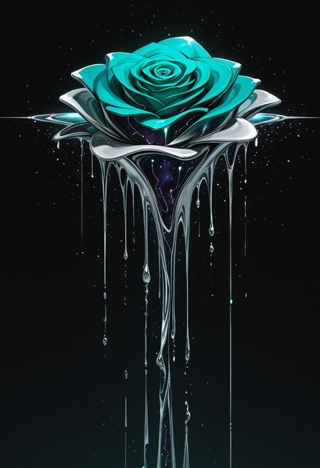 (masterpiece), best quality, abstract, abstract art, illustration, anime, teal and silver, black and silver, ((teal rose), simple background, dark background), melting, detailed, cosmic print, constellations, water, cinematic, light particles, sci-fi, space