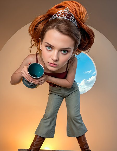 score_9_up, score_9, score_8_up, score_7_up, rating_explicit, 1girl, studio digital illustration by Atey Ghailan, enchanted, surreal, POV shot of a short Empire DJ ([Jamie Lee Curtis|Eleven from Stranger Things]:1.3) , she is very Stone Age and Tedious, she is holding a Electric kettle, she is feeling very angry, Eleven is wearing her Intricate Flare pants, The Flare pants is Revealing and is detailed with bits of Polyester, her hair is Tremendous and styled as Short, Eleven has a 1920'S Gamer fluorescent green Belly Button Ring, Unreal Heart-Shaped Eyes and Tiara, Rounded reeds and water, Sun in the sky, tilt shift, Visual novel, Hopeless, Cyberpop, rim light, 35mm, Provia, Spirals, made of Jute, matte skin, realistic and detailed, trending on artstation, UHD, (sculpture art by Bruno Catalano:1.3) , (Duffy Sheridan:0.7), embedding:bad-hands-5, 1girl, 1girl, short hair, brown hair, blue eyes, lips, short ponytail, dress, short sleeves, hair bun, single hair bun, long hair, orange hair, green eyes, camisole, grey pants, bare shoulders, shoes