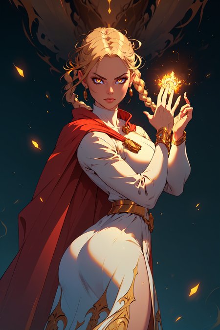 (masterpiece, best quality, absurdres, 4k, aesthetic, detailed, intricate, perfect lighting),dynamic pose,abstract background,cinematic angle,1girl,casting magic spell,serious,wind gust,hands raised,ovelia atkascha, twin braids, red cape, white dress,gold glow,gold energy,gold aura,beams <lora:ovelia-nvwls-v1:0.7>  <lora:r1ge - AnimeRage:0.4> r1ge