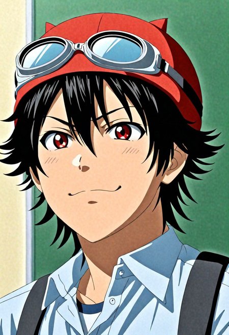 (4k), extremely detailed, hyper detailed, high resolution, professional photography, best quality, candid photo, 1boy, solo, male focus, easynegative, Yuusuke Fujisaki, Red Hat, Black Hair, school uniform, looking at viewer, candid photo, goggles, angry, smile