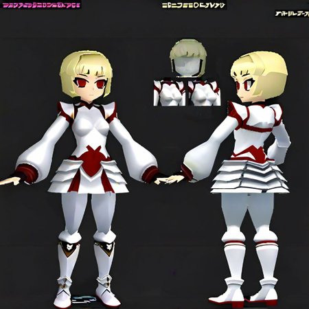 1girl, blonde short hair, red eyes, white armor shirt,  black short shirt, white short skirt,   white long boots, villainess, slim body, small breasts, ps1 style, 3d, model sheet, multiple views of the same character,model sheet,chatacter sheet, simple background