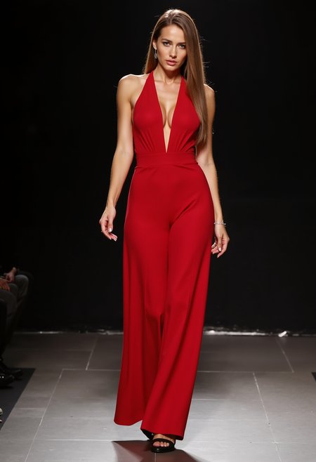 beautiful model, long straight hair, large round breasts, clo018, wearing a red sleeveless halterneck jumpsuit with a deep V-neckline and draped details, cinched waist, and wide, flowing pants, perfect feet in black high heels, walking on a catwalk, spotlight on her