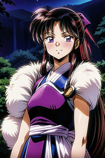 best quality 1girl Setsun4 solo long hair,  (night time) forest background black hair very long hair purple eyes multicolored hair armor, small, (fur trim) (medium body),<lora:EMS-179-EMS:0.800000>,<lora:EMS-293862-EMS:0.800000> bow, hair_bow, hair_tubes, red_bow, brown_hair, long_hair, bangs, ascot, frilled_bow, yellow_ascot, blush, smile, hair_between_eyes, athletic, armor, miko,  Smiling, happy,
