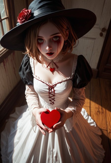 score_9, score_8_up, score_7_up, score_6_up, Expressiveh, 1girl, G0th1c M41d3n, young woman, white dress, red rose, medium breasts, holding heart_(organ), holding, outstretched arms, hat, horror, blood, dark, fantasy, dramatic lighting, standing, from above, incoming gift, heart_(organ),