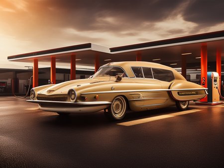 gas station with oldtimer car, retrofutur5-400,  carhelper, god rays, dust particles, volumetric lighting, 10mm, perfect composition, depth of field, sharp focus, centered, photohelper