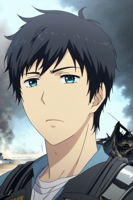 high resolution, solo, best quality, 1Boy, Arata Kaizaki, Portrait, Black Hair, Blue Eyes, dystopia, Plane Crash, OverallDetail