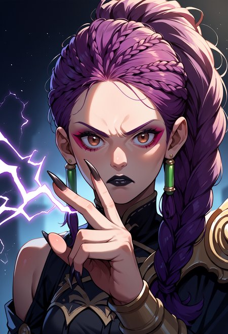 score_9, score_8_up,score_7_up, source_anime, 1girl, solo, <lora:EPfePetra:1>, 
EPfePtr, brown eyes, long hair, purple hair, single braid, braided ponytail,
electricity, black clothes, dark background, serious, looking at viewer, makeup, gothic, earrings, black lipstick, black nail polish, hand gesture, close-up, fantasy, sharp nails, glowing, intimidating, intense expression, emotional