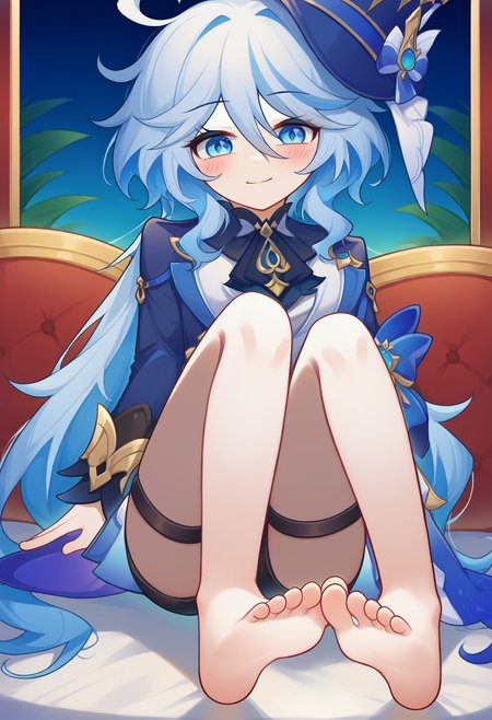 score_9, uncensored, source_anime
BREAK
furina \(genshin impact\), 1girl, solo, long hair, looking at viewer, blush, smile, blue eyes, long sleeves, hat, hair between eyes, closed mouth, sitting, blue hair, jacket, full body, white hair, ahoge, multicolored hair, thighs, shorts, barefoot, streaked hair, feet, legs, toes, ascot, bare legs, thigh strap, soles, blue jacket, blue headwear, top hat, light blue hair, black ascot
<lora:hongshi_pony_v2:1>  <lora:genshinimpact_furina_ponyXL:1>
