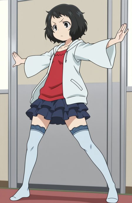 1girl, solo,
<lora:p5kawakami-ill:0.5> p5kawakami, black hair, short hair, white open hoodie, knit hoodie, wide sleeves , hood down, red t-shirt, sleeveless dress, blue kimono skirt, blue lace-trimmed thighhighs, no shoes, standing, arms extended, powerful stance, vigorous look, kinetic force,
 <lora:Mitsudomoe:0.9> mitsudomoe, extremely detailed, highres, masterpiece, best quality