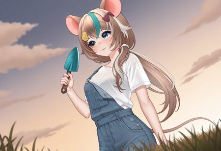 ((masterpiece, best quality, absurdres, highres, newest, very aesthetic, extremely detailed, very away, year 2025, detailed background, perfect anatomy, surreal)),year 2023,<lora:xmc_v0.3_noobai_cwhj_946906:0.8>,<lora:illustrious_best_quality_v1_1021798:0.8>,<lora:add-detail-xl:0.9>,<lora:Nastra_Moonlight_Vtuber:0.8>,nastraillusv1,1girl,solo,animal ears, breasts,brown hair,streaked hair,multicolored hair,long hair,mouse ears, mouse tail,white hair,heterochromia,hair ornament,bangs,blue eyes,virtual youtuber, anime coloring, field, grassland background, Denim overalls, White T-shirt, Sweat, Dirt on face, Weeding Garden, view from below, view from side, looking on field, Wipes away sweat, Wipes forehead with hand, Hold garden trowel,