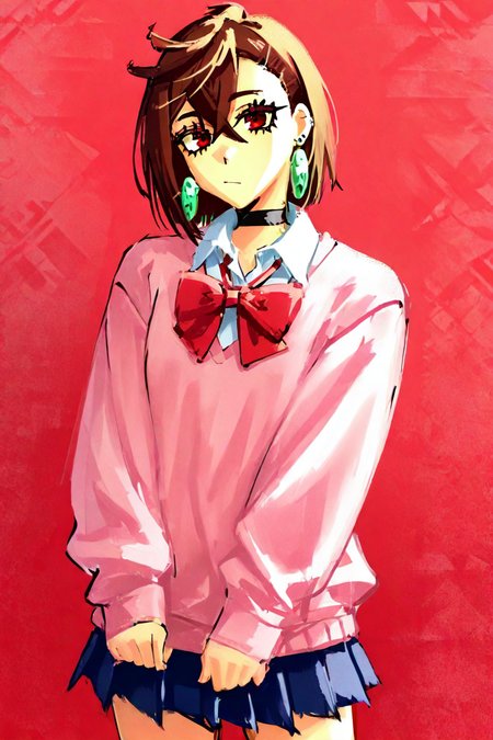 score_9, score_8_up, score_7_up, score_6_up, score_5_up, score_4_up,<lora:ayase_momo-koto-Illustrious v01:0.8> ayasemomo, hair between eyes, crossed bangs, green earrings,  brown hair, red eyes, black choker, short hair, white shirt, red bowtie,pleated skirt,school uniform, pink cardigan, long sleeves, 1girl, solo, alone, <lora:anime_glitch_art:1>, anime_glitch_style, masterpiece, highres