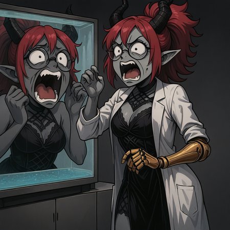 masterpiece, best quality, newest, absurdres, highres, 1girl, SOPHV2.0, demon girl, grey skin, colored skin, glasses, round eyewear, prosthetic arm, prosthesis, lab coat, dress, black dress, open coat, red hair, horns, black horns, screaming, open mouth,