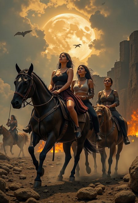 four beautiful women on horses representing the four horsemen of the apocalypse. A dystopian scene as the women ride the horses.