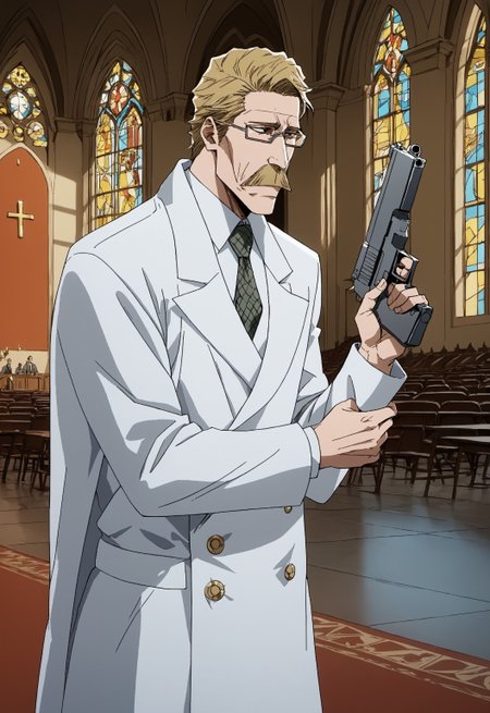 safe_pos, safe_pos, safe_pos, safe_pos, score_9, score_8_up, rating_nsfw, ultra hd, absurdres, best quality, best aesthetic, masculine, solo, 1boy, male focus, perfect proportions, handsome, erotic, alluring, mature male, coloured

BleachRobert, blonde hair, mustache, glasses, necktie, coat, church background, holding gun, Expressiveh, tired look, open eyes, black eyes, bleach art style