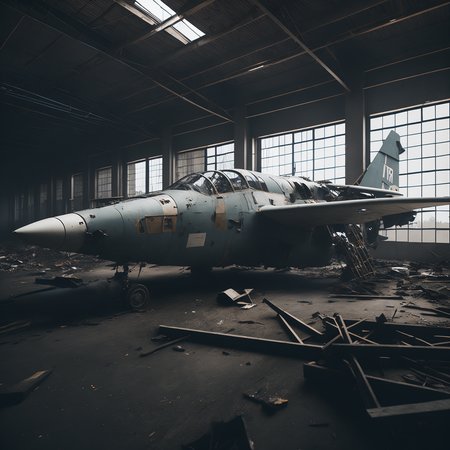 UrbanJungle, abandoned mig-21 fighter jet in hangar, rocket, photorealistic, debris, volumetric lighting, god rays, haze, PhotoHelper