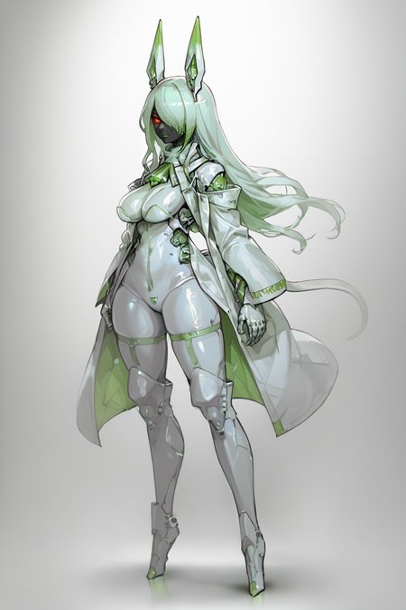 score_9, score_8_up, score_7_up, score_6_up, score_5_up, score_4_up, BREAK, source_anime, solo, 1girl, rating_safe, ((mature female)), ((long green flowing hair)), mechanical parts, (big backwards folded mechanical rabbit ears), mature female, (bunny ears), (animal ears), subdermal port, ((milf, mature female, big breasts)), hexagon lines in skin, naval uniform overcoat, naval uniform, white military uniform, dress_uniform, ribbons, ((red eyes)), bunny tail, rabbit tail, aiguillette, ((green hair)), ascot, ((Ground level (from the side) view medium Close shot (focus on knees))), latex pilot suit, shoulder cutout, bunny rabbit Tail, ((hair over one eye, )), digitigrade, clawed feet, minimal clothes, ((metal skin, shiny skin, vampire aesthetic, digital eyes, filled eyes, monochromatic eyes, glowing eyes, colored sclera, red sclera, mechanical eyes, partially shaded face, )), <lora:ECHANIS:1>,  <lora:Pochincoff_Style_Lora:0.8> pochincoff, robot girl, visor, big eyes, 4 eyes, <lora:chokerV2:1> alien parasite ckr sucked on neck, ckr