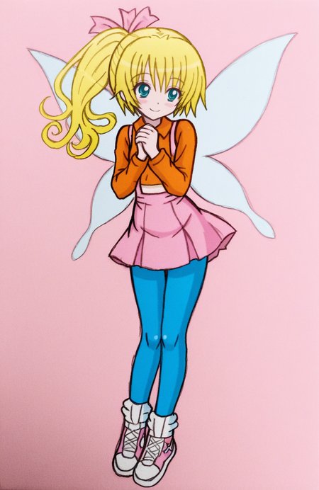 1girl, solo, latex, orange polo shirt, pink suspender skirt, long sleeves, blue high-waist pantyhose, pink nike, standing, hands softly clasped, serene look, smile, affectionate air, Tinker Bell, fairy, blonde hair, fairy wings,
 <lora:SnidelyOne:1> snidley, traditional media, sketch, hatching \(texture\), colored pencil \(medium\), , extremely detailed, highres, masterpiece, best quality