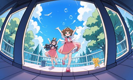 kinomoto sakura, kero, daidouji tomoyo, long hair, blush, smile, open mouth, short hair, skirt, multiple girls, brown hair, black hair, hair ornament, dress, bow, ribbon, 2girls, twintails, standing, green eyes, short sleeves, :d, hair bow, outdoors, hairband, wings, sky, shoes, socks, day, puffy sleeves, cloud, blunt bangs, arms up, puffy short sleeves, two side up, tree, blue dress, bird, standing on one leg, antenna hair, crown, hair bobbles, short twintails, pink dress, mary janes, blue footwear, bubble, pink footwear, fence, bucket, bobby socks, character print, tomoeda elementary school uniform, wind,
abstract background, fisheye, close-up,
rating safe, akita,
masterpiece, best quality, amazing quality, highres, newest,  <lora:[illustrious]_akita_v1_(MikuMasteRace):1.0>