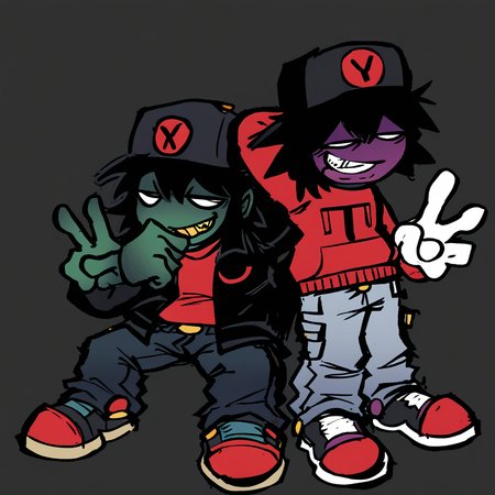 wide mouth, yellow skin, peace sign, green pants, red tongue, back view, long-sleeved sweater, side view head, short male, hand on pants pocket, purple tongue, inclined to the left, relaxed expression, nose toothy-grin, cargo pants, medium spiky black hair, shirt with red prohibition symbol, black cap, green skin, sharp-edged mouth, red footwear, open hand, stickman, jacket, minimal facial features, slight slouch, mouthless, hair over eyes, sharp hair, orange side buttons shoes, white skin, black pupils, purple footwear, hand covering mouth, huge, one arm behind head, alien, jeans pants, mac-10, small eyes, humanoid body, chunky shoes, simple background, yellow teeth, nose, stylized art, colored mouth, sitting, white pants with jagged black zigzag patterns, dark gray cargo pants, circular patches, frown, pink skin