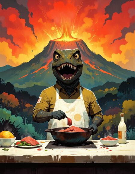 Happy t-rex wearing an apron is making breakfast in a kitchen close to an exploding volcano, the t-rex is happy while holding a pan with some slcies of meat,
with a very detailed background, dynamic angle, dust particles,colorful happy scene,
<lora:pp-storybook_rank2_bf16:1> ppstorybook, whimsical, fantastical, stylized