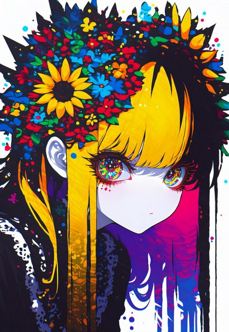 xxx667_illu, sometyome_illu, abstract, score_9, score_8_up, score_7_up, concept art, source_anime, extremely detailed, masterpiece ,amazing quality, intricate details , Enchanting Eyes, d3t41l3dh4nddr4w, detailedhanddraw,  sometyome_illu ,xxx667_illu , white background, thick black outline, beautiful girl, yellow highlights, adjusting hair, leaning forward, fading, long hair, sunflowers, detailed flowers, hair obscuring eyes, dynamic pose, close up, white skin, solemn gaze, looking at viewer,