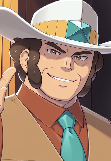 solo, masterpiece, detailed, ultra hd, best quality, 1boy, male, official art, w0lfc0nf, modern, new

PokeClay, brown hair, brown eyes, white hat, brown vest, collared shirt, teal necktie, portrait, looking at viewer, smiling, mines