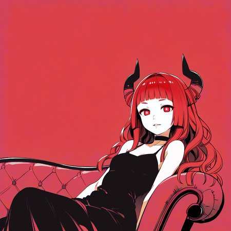 1girl, long hair, red hair, red eyes,detailed eyes, black pupils,(daiamond-shaped pupils:1.5), wavy hair, (short bangs, blunt bangs, forehead:1.4), red eyebrow, demon horns, black dress, bare shoulders,black choker, small breasts, (looking at viewer, looking down:1.4),(parted lips:1.2), (jitome,tareme:1.3)  ,light smile
windy hair, relaxing, leaning to the side, 
[realistic::0.1]
red background, (limited palette, flat color:1.2), (negative space, margin:1.1), sitting on sofa,red sofa
<lora:Margin-Pony:1>,<lora:Fixhands_anime_bdsqlsz_V1:1>,<lora:StS_age_slider_v1_initial_release:0.1>,<lora:DobunezuMix-Pony:0.8> 
score_9, score_8_up, score_7_up,score_6_up, best quality, hires,