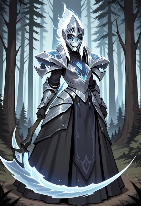 masterpiece, amazing quality, very aesthetic, 
 <lora:Spectre_-_Arcana_Dota2-000006:0.8>, spectre-arcana, 1girl, armor, solo, shoulder armor, holding weapon, helmet, scythe, blue eyes, forest, breastplate, dress, glowing