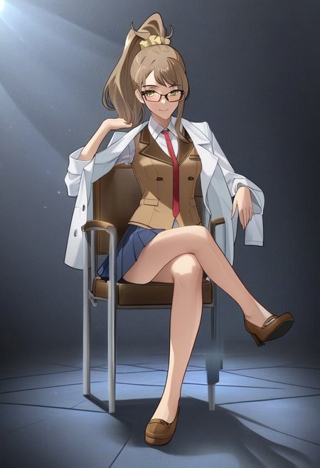 Basic Instinct Pose, B4sic1nstinctP0se, low angle, 1girl, 1woman, fullbody, basic_instinct_(movie), smirk, looking at viewer, facing viewer,sitting, crossed_legs, on_chair,school uniform,codeandigital,c0dean0igital,cyberw0rlds,Futaba_Rio, labcoat, brown vest, blue skirt, pleated skirt, red tie, white collared shirt, glasses, long hair, detailed background, futuristic world, digital world, thin, ponytail, yellow scrunchie, yellow hairtie, clean lineart, anime screencap, anime, bare legs, brown shoes, flat shoes, school shoes, official art