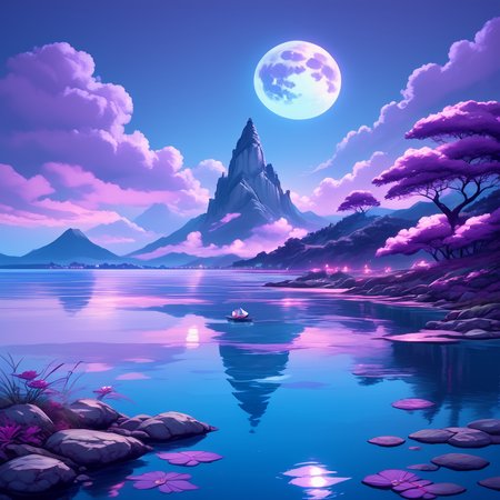 core_9, score_8_up, score_7_up, score_6_up,  <lora:Ars_Niji_Style_Pony:1> ArsNijiStyle, moonlit lake, The image is a digital illustration of a beautiful landscape. It shows a person standing on a rocky shore looking out at the sea. The person is wearing a blue dress and a conical hat and is holding a book in their hand. The sea is calm and there is a small boat on the water. The sky is blue with a full moon in the top right corner. The mountains in the background are covered in pink and purple clouds and the overall mood of the image is peaceful and serene., 1girl, outdoors, moon, cloud, solo, sky, scenery, hat, water, tree