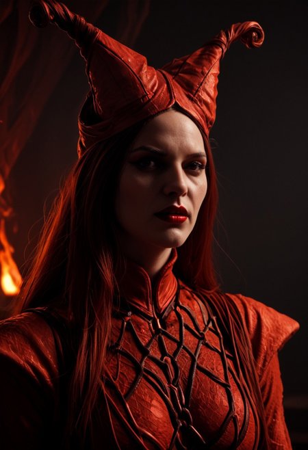 score_9, score_8_up, score_8, female Red worm queen, 
Red worm queen, red hair, long hair, wearing red queen pointed hat, black and red clothes, kuva, grineer, black eyes with orange iris, weaing black and red pointed hat, red lipstick,