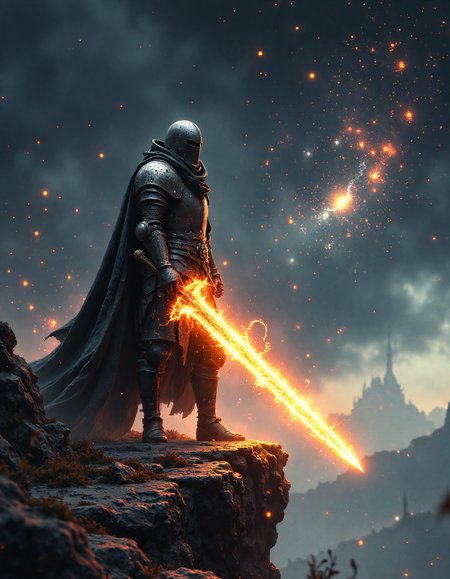 cinematic film still, A knight in armor holding a glowing colossal greatsword in one hand, dark souls style, stands on a rocky ledge, cosmos galaxy sky, ethereal atmosphere, shallow depth of field, vignette, highly detailed, bokeh, moody, epic, gorgeous, film grain, grainy, R3alisticF, <lora:FluxMythR3alisticF:1>