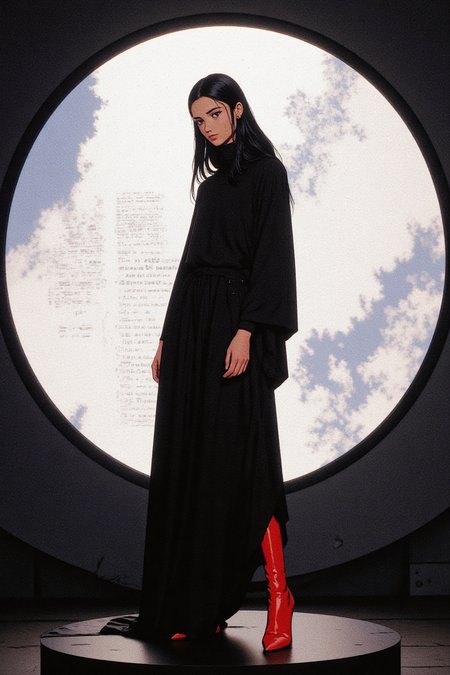 This high-resolution photograph features a young woman standing confidently on a black platform, dramatically illuminated by a large circular spotlight from behind. Her long, straight black hair flows freely, perfectly complementing her dark attire. She wears a sleek, black long-sleeved dress with a high neck and a flowing hem that reaches her ankles, its subtle sheen adding elegance. Red ankle boots with pointed toes contrast sharply with her otherwise black ensemble, adding a bold pop of color. The backdrop consists of a large, semi-transparent white screen adorned with faint, abstract patterns and text, lending an artistic and modern vibe to the composition. The lighting highlights her silhouette, creating a striking contrast with the backdrop and emphasizing the textures of her dress. The overall atmosphere is chic and edgy, exuding a sense of high fashion, and capturing the interplay of light and shadow that elevates the model’s confident presence. HD, 8K quality, ultra-detailed, masterpiece artwork, flawless anatomy.
