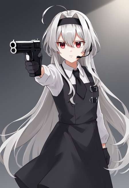1girl, highres, solo, solo focus, Eve.aic, long hair, red eyes, hairband, ahoge, very long hair, bangs, hair intakes, hair between eyes, white hair, black hairband, headset, grey hair, 
shirt, white shirt, long sleeves, gloves, collared shirt, black gloves, dress, necktie, black dress, pinafore dress,
holding weapon, holding gun, handgun, aiming